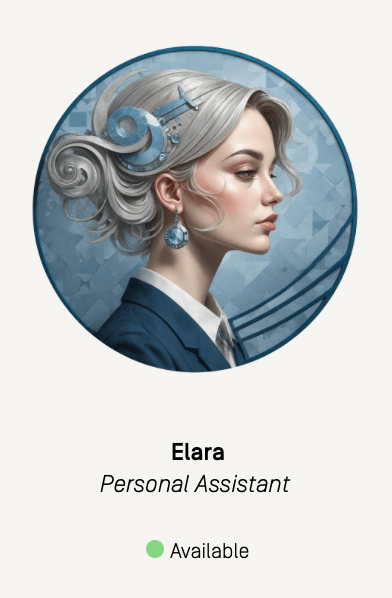 Elara is a Personal Synth assigned to Justin to manage his email, calendar, and tasks